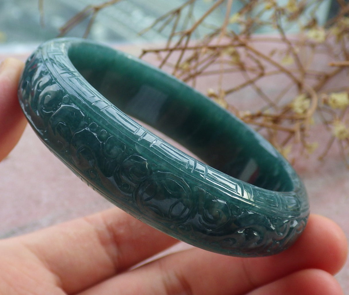 55mm Certified Hand Carved Blue Water Green Natural A JADE Jadeite Coin Longevity Circle Bangle Bracelet