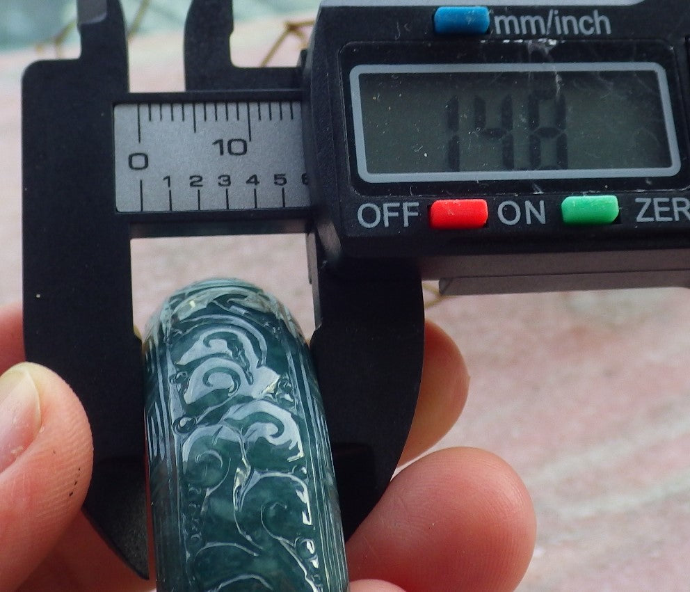 55mm Certified Hand Carved Blue Water Green Natural A JADE Jadeite Coin Longevity Circle Bangle Bracelet