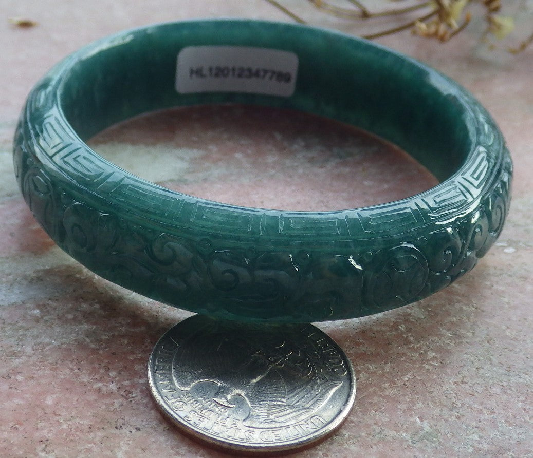 55mm Certified Hand Carved Blue Water Green Natural A JADE Jadeite Coin Longevity Circle Bangle Bracelet