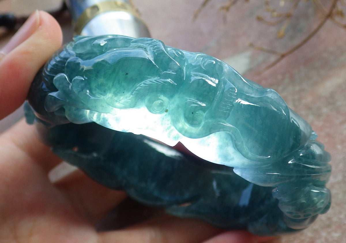 60mm Certified Hand Carved Green Natural A JADE Jadeite Dragon Circle Bangle Bracelet