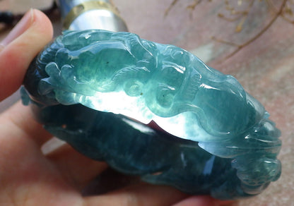 60mm Certified Hand Carved Green Natural A JADE Jadeite Dragon Circle Bangle Bracelet