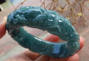 60mm Certified Hand Carved Green Natural A JADE Jadeite Dragon Circle Bangle Bracelet