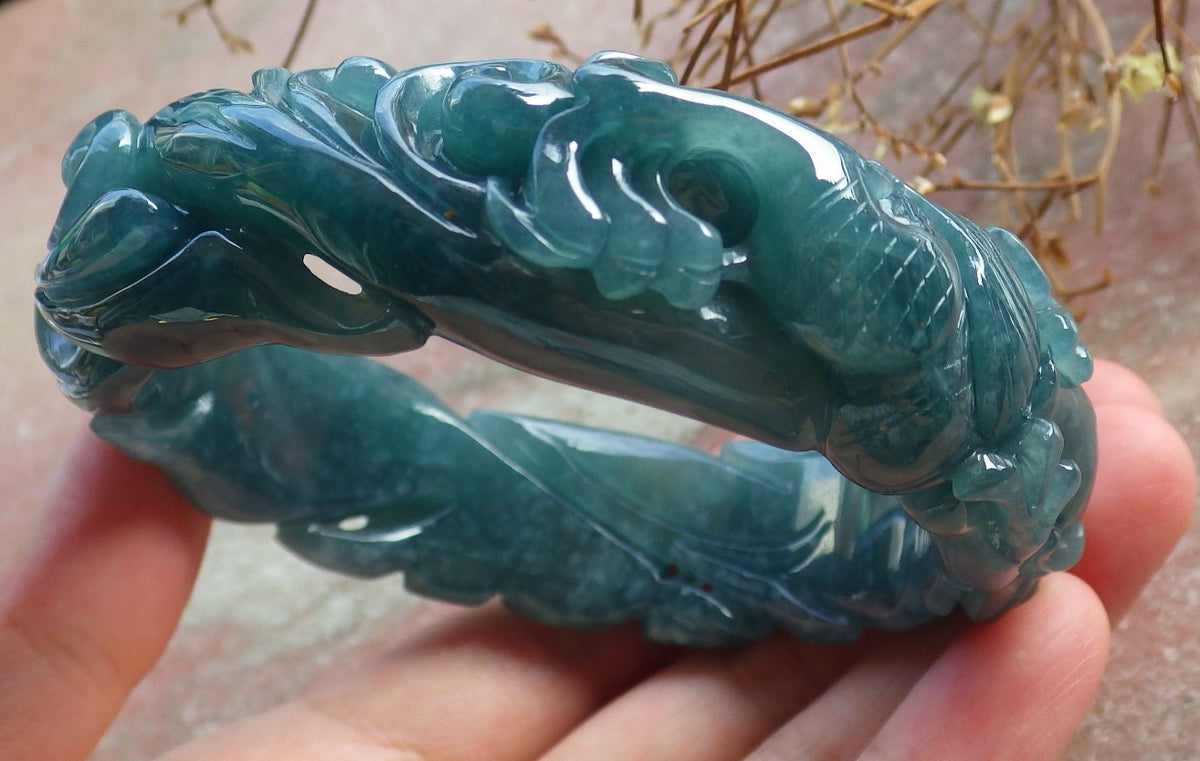 60mm Certified Hand Carved Green Natural A JADE Jadeite Dragon Circle Bangle Bracelet