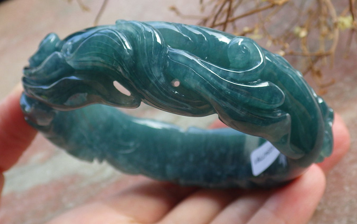 60mm Certified Hand Carved Green Natural A JADE Jadeite Dragon Circle Bangle Bracelet