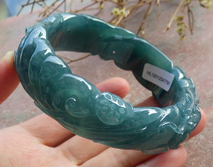 60mm Certified Hand Carved Green Natural A JADE Jadeite Dragon Circle Bangle Bracelet
