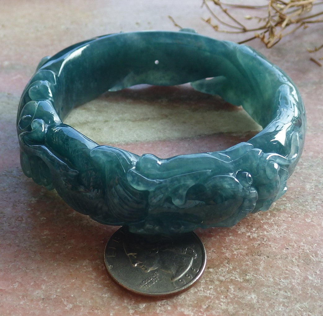 60mm Certified Hand Carved Green Natural A JADE Jadeite Dragon Circle Bangle Bracelet