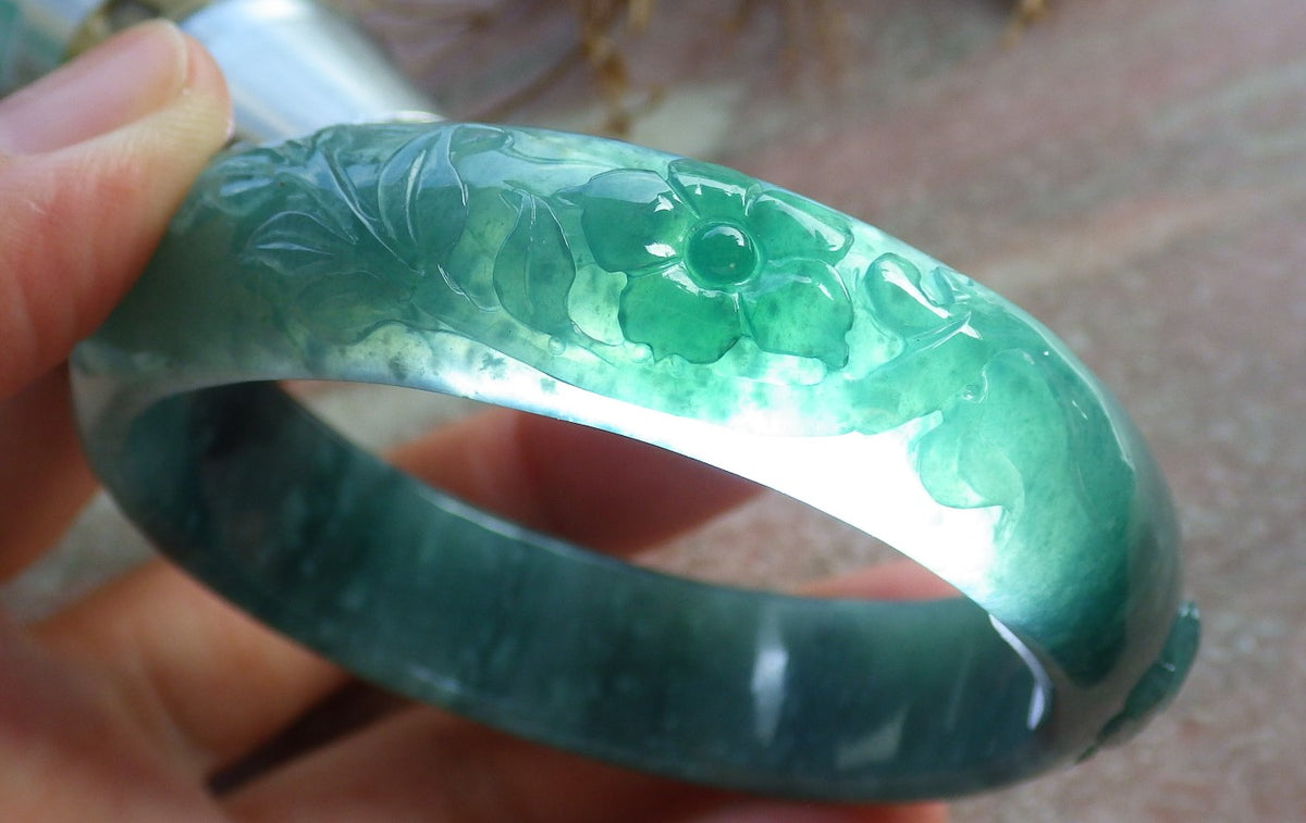 55mm Certified Hand Carved Green Natural Grade A JADE Jadeite Phoenix Flower Bangle Bracelet