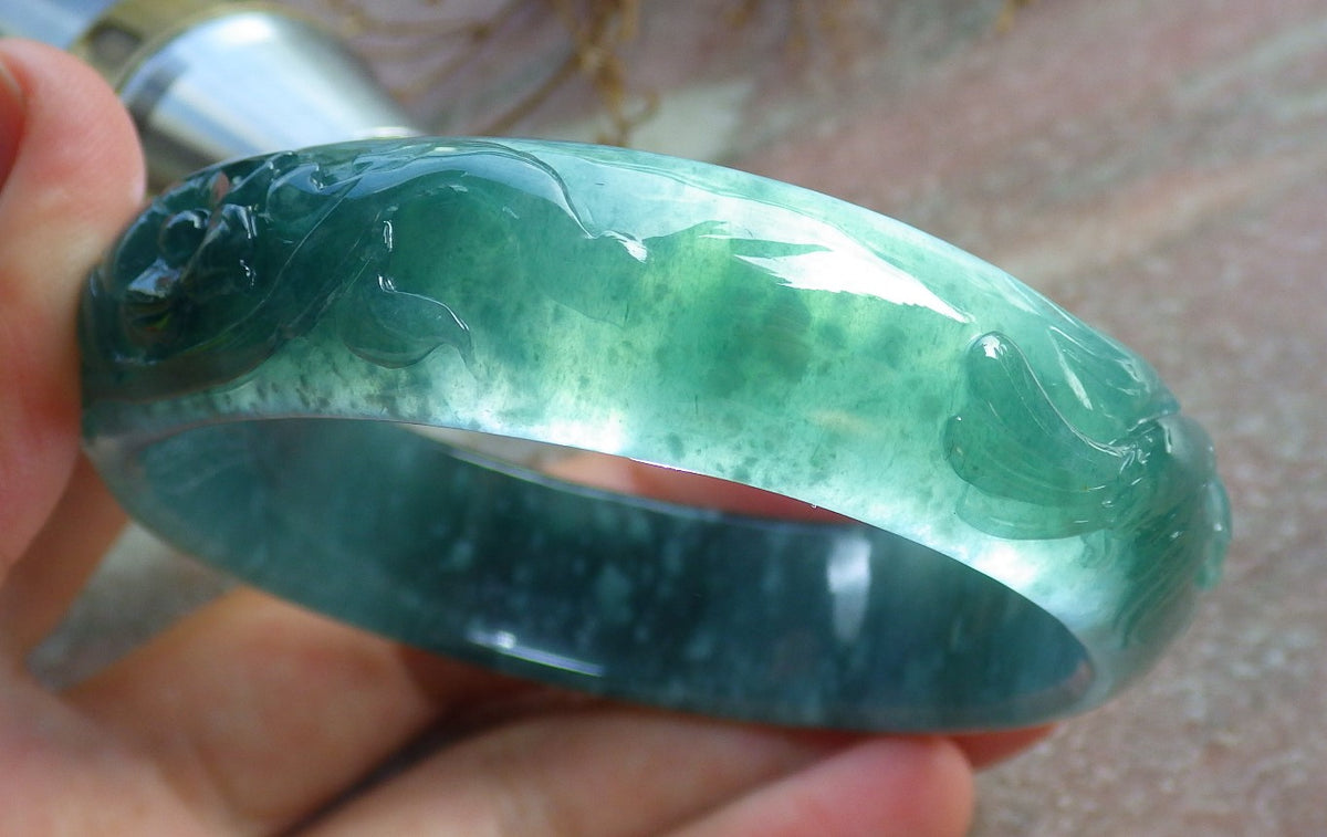 55mm Certified Hand Carved Green Natural Grade A JADE Jadeite Phoenix Flower Bangle Bracelet