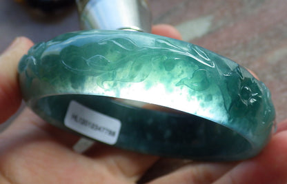 55mm Certified Hand Carved Green Natural Grade A JADE Jadeite Phoenix Flower Bangle Bracelet