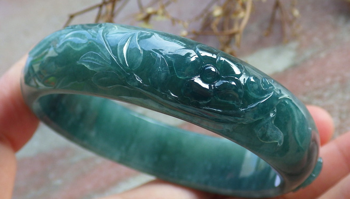 55mm Certified Hand Carved Green Natural Grade A JADE Jadeite Phoenix Flower Bangle Bracelet