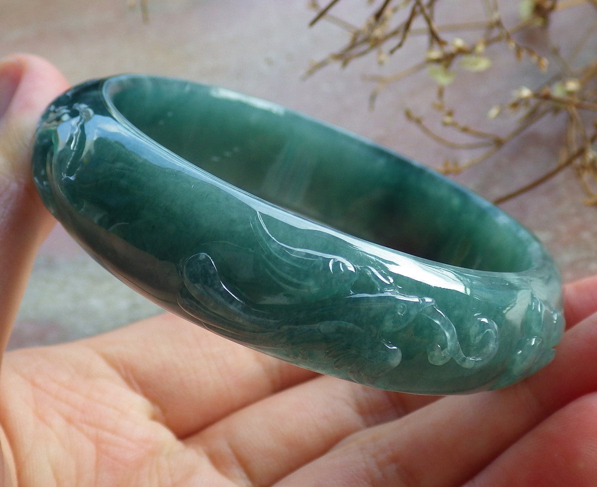 55mm Certified Hand Carved Green Natural Grade A JADE Jadeite Phoenix Flower Bangle Bracelet
