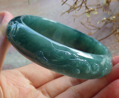 55mm Certified Hand Carved Green Natural Grade A JADE Jadeite Phoenix Flower Bangle Bracelet
