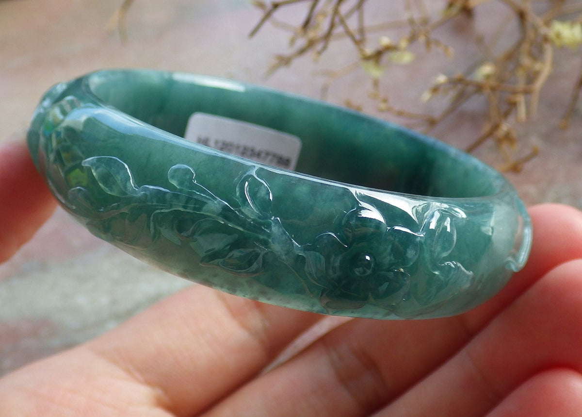 55mm Certified Hand Carved Green Natural Grade A JADE Jadeite Phoenix Flower Bangle Bracelet