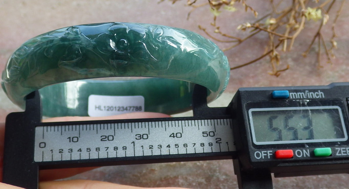 55mm Certified Hand Carved Green Natural Grade A JADE Jadeite Phoenix Flower Bangle Bracelet