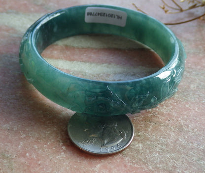 55mm Certified Hand Carved Green Natural Grade A JADE Jadeite Phoenix Flower Bangle Bracelet