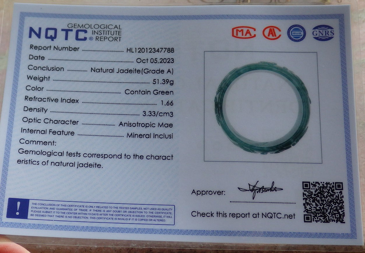 55mm Certified Hand Carved Green Natural Grade A JADE Jadeite Phoenix Flower Bangle Bracelet