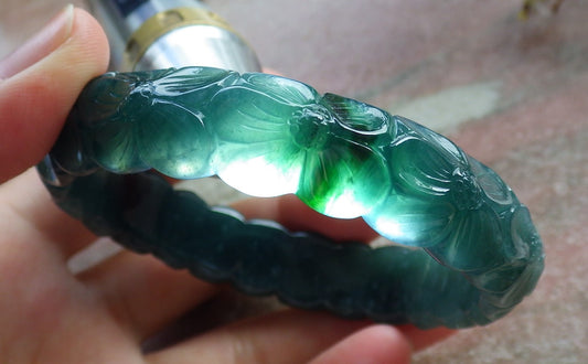 62mm Certified Hand Carved Blue Water Green Natural A JADE Circle Jadeite Rose Flower Bracelet Bangle