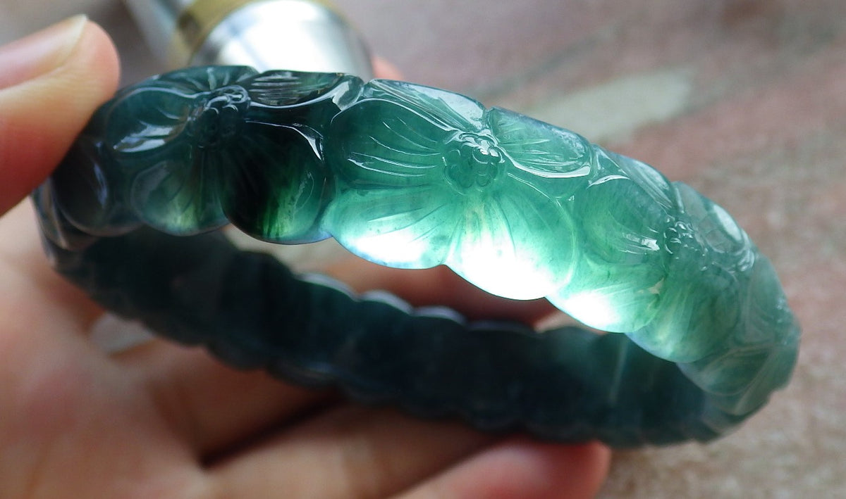 62mm Certified Hand Carved Blue Water Green Natural A JADE Circle Jadeite Rose Flower Bracelet Bangle