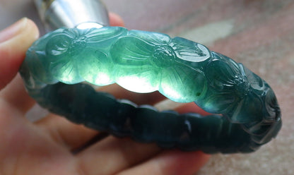 62mm Certified Hand Carved Blue Water Green Natural A JADE Circle Jadeite Rose Flower Bracelet Bangle
