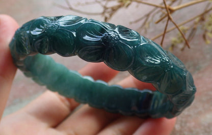 62mm Certified Hand Carved Blue Water Green Natural A JADE Circle Jadeite Rose Flower Bracelet Bangle