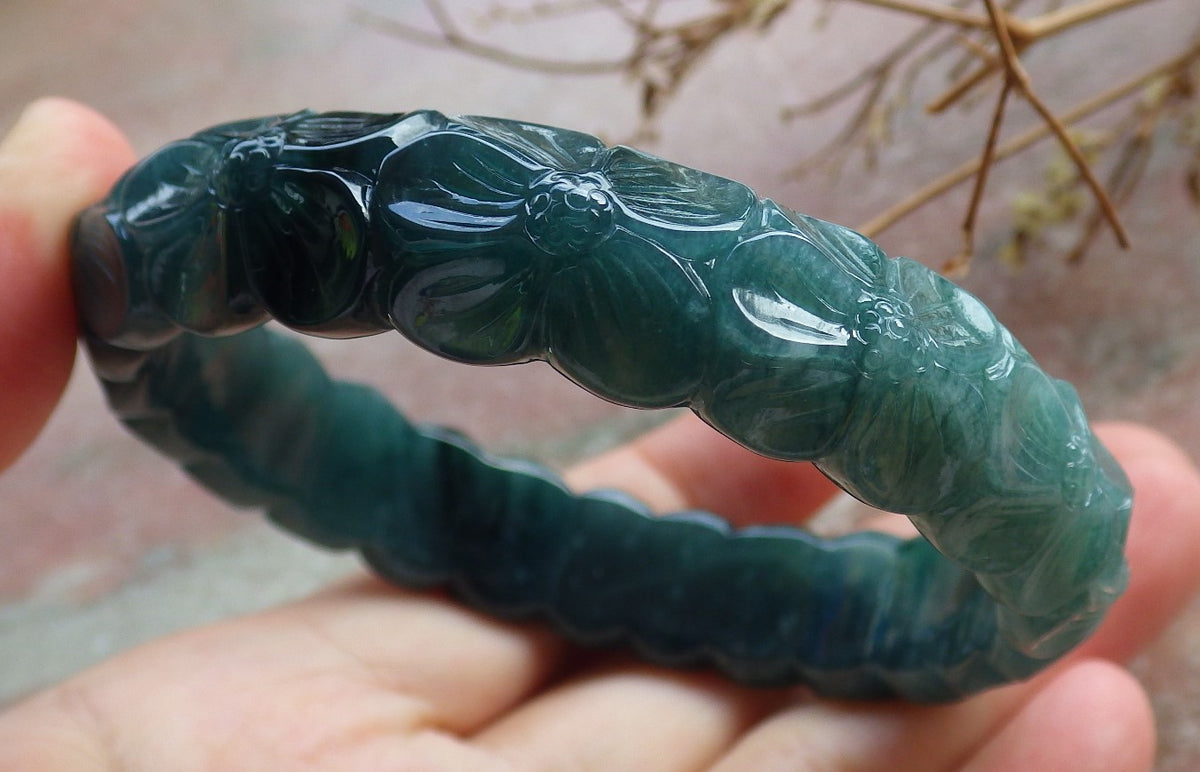 62mm Certified Hand Carved Blue Water Green Natural A JADE Circle Jadeite Rose Flower Bracelet Bangle