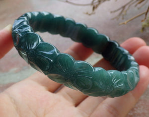 62mm Certified Hand Carved Blue Water Green Natural A JADE Circle Jadeite Rose Flower Bracelet Bangle