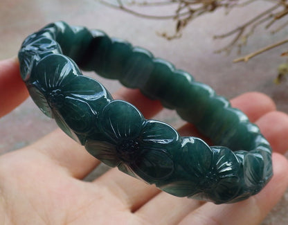 62mm Certified Hand Carved Blue Water Green Natural A JADE Circle Jadeite Rose Flower Bracelet Bangle