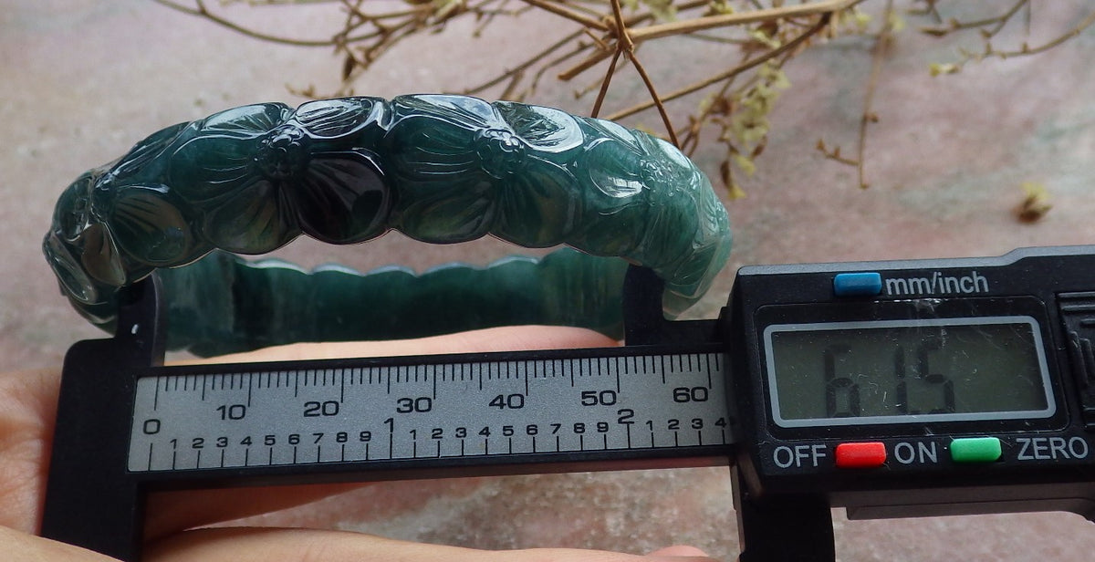 62mm Certified Hand Carved Blue Water Green Natural A JADE Circle Jadeite Rose Flower Bracelet Bangle