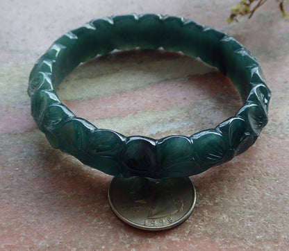 62mm Certified Hand Carved Blue Water Green Natural A JADE Circle Jadeite Rose Flower Bracelet Bangle