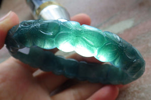 64mm Certified Hand Carved Blue Water Green Natural A JADE Circle Jadeite Rose Flower Bracelet Bangle