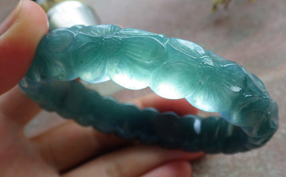 64mm Certified Hand Carved Blue Water Green Natural A JADE Circle Jadeite Rose Flower Bracelet Bangle