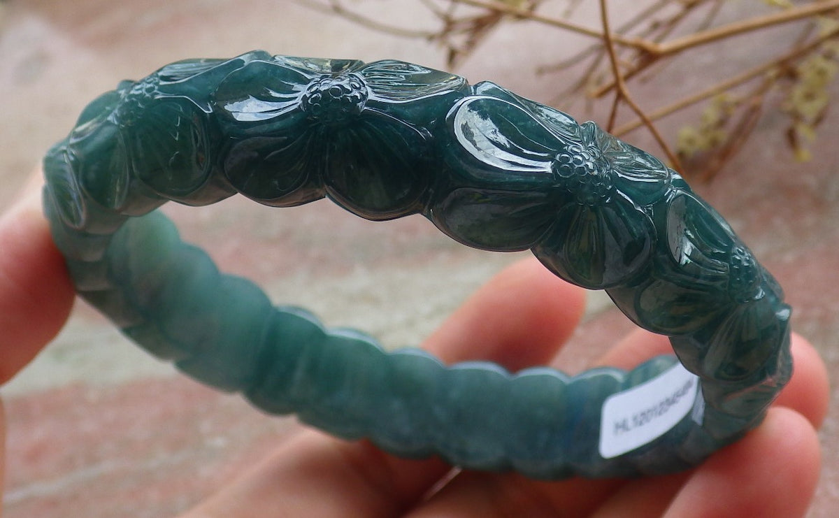 64mm Certified Hand Carved Blue Water Green Natural A JADE Circle Jadeite Rose Flower Bracelet Bangle