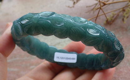 64mm Certified Hand Carved Blue Water Green Natural A JADE Circle Jadeite Rose Flower Bracelet Bangle