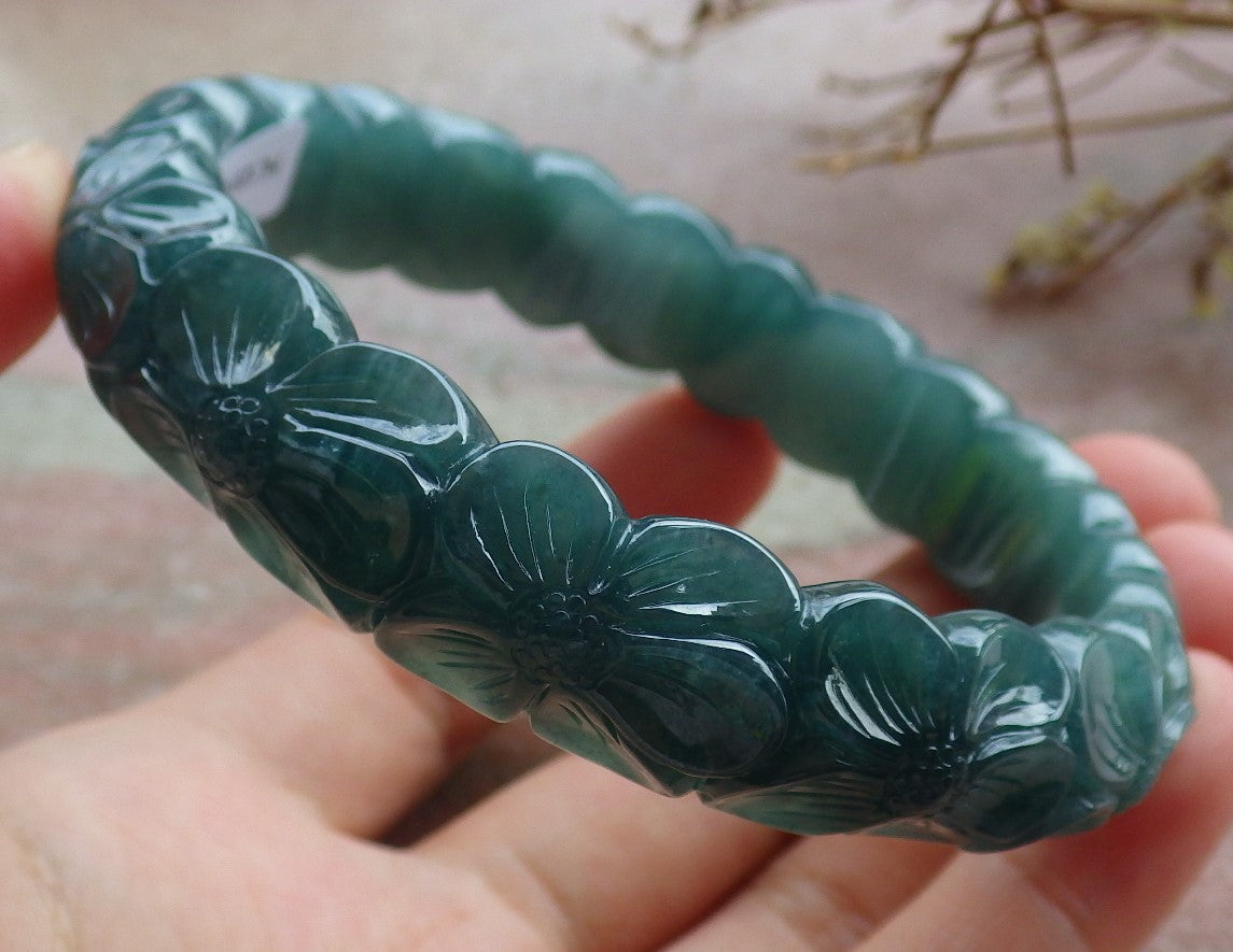 64mm Certified Hand Carved Blue Water Green Natural A JADE Circle Jadeite Rose Flower Bracelet Bangle