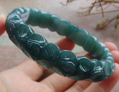 64mm Certified Hand Carved Blue Water Green Natural A JADE Circle Jadeite Rose Flower Bracelet Bangle