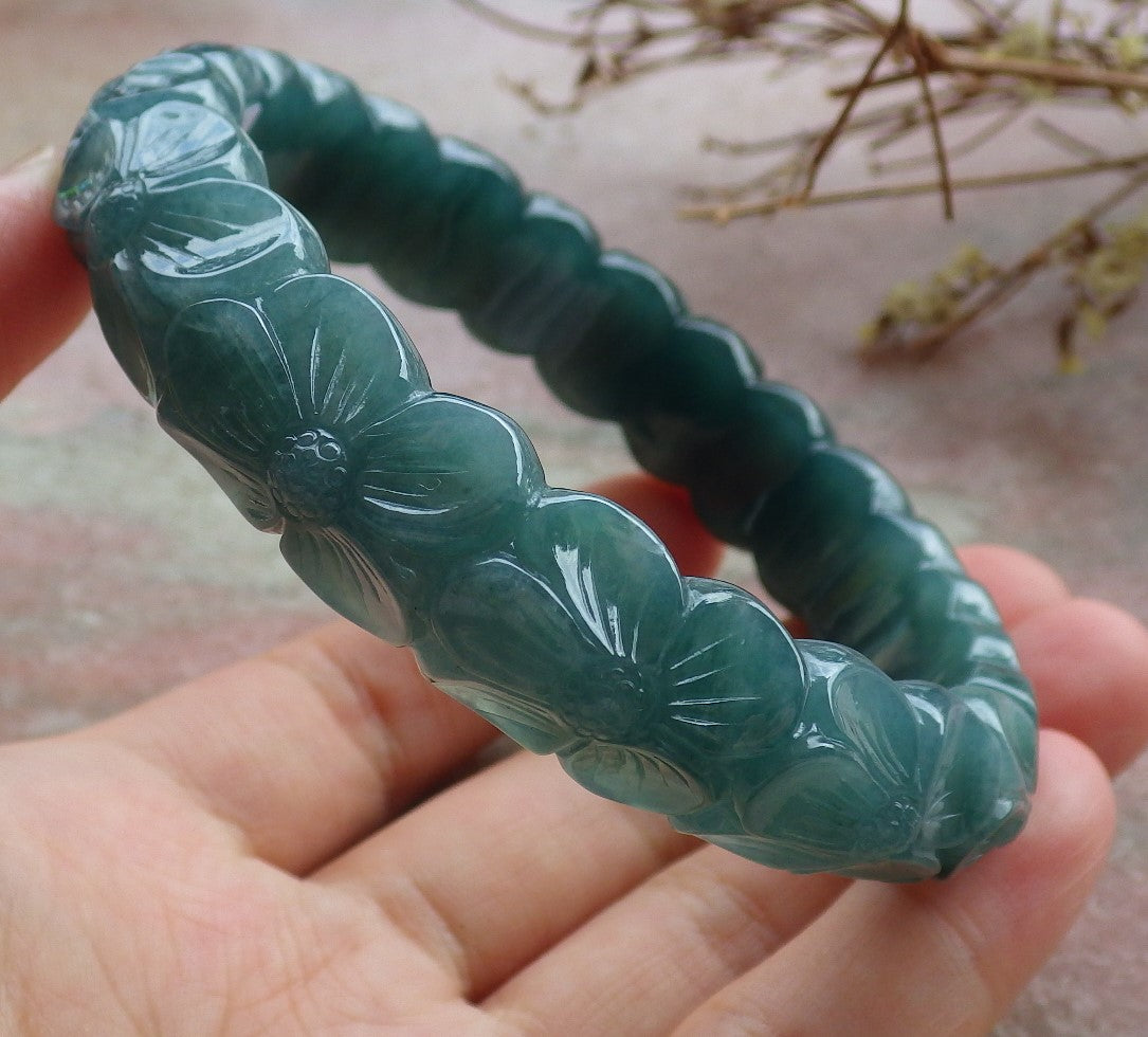 64mm Certified Hand Carved Blue Water Green Natural A JADE Circle Jadeite Rose Flower Bracelet Bangle