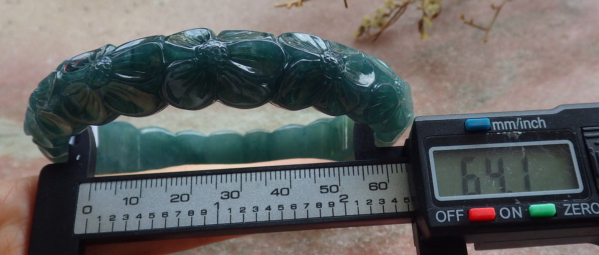 64mm Certified Hand Carved Blue Water Green Natural A JADE Circle Jadeite Rose Flower Bracelet Bangle