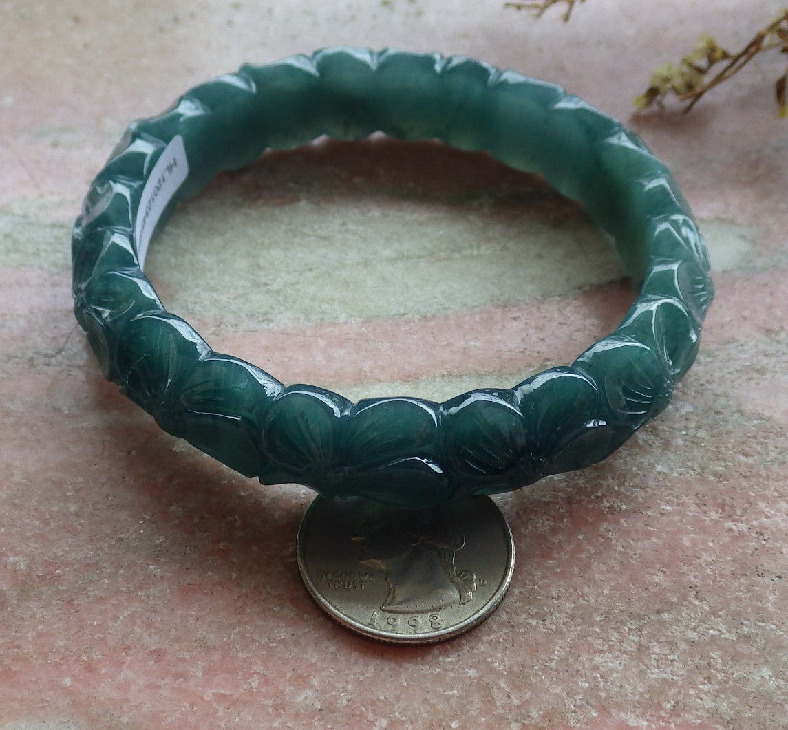 64mm Certified Hand Carved Blue Water Green Natural A JADE Circle Jadeite Rose Flower Bracelet Bangle