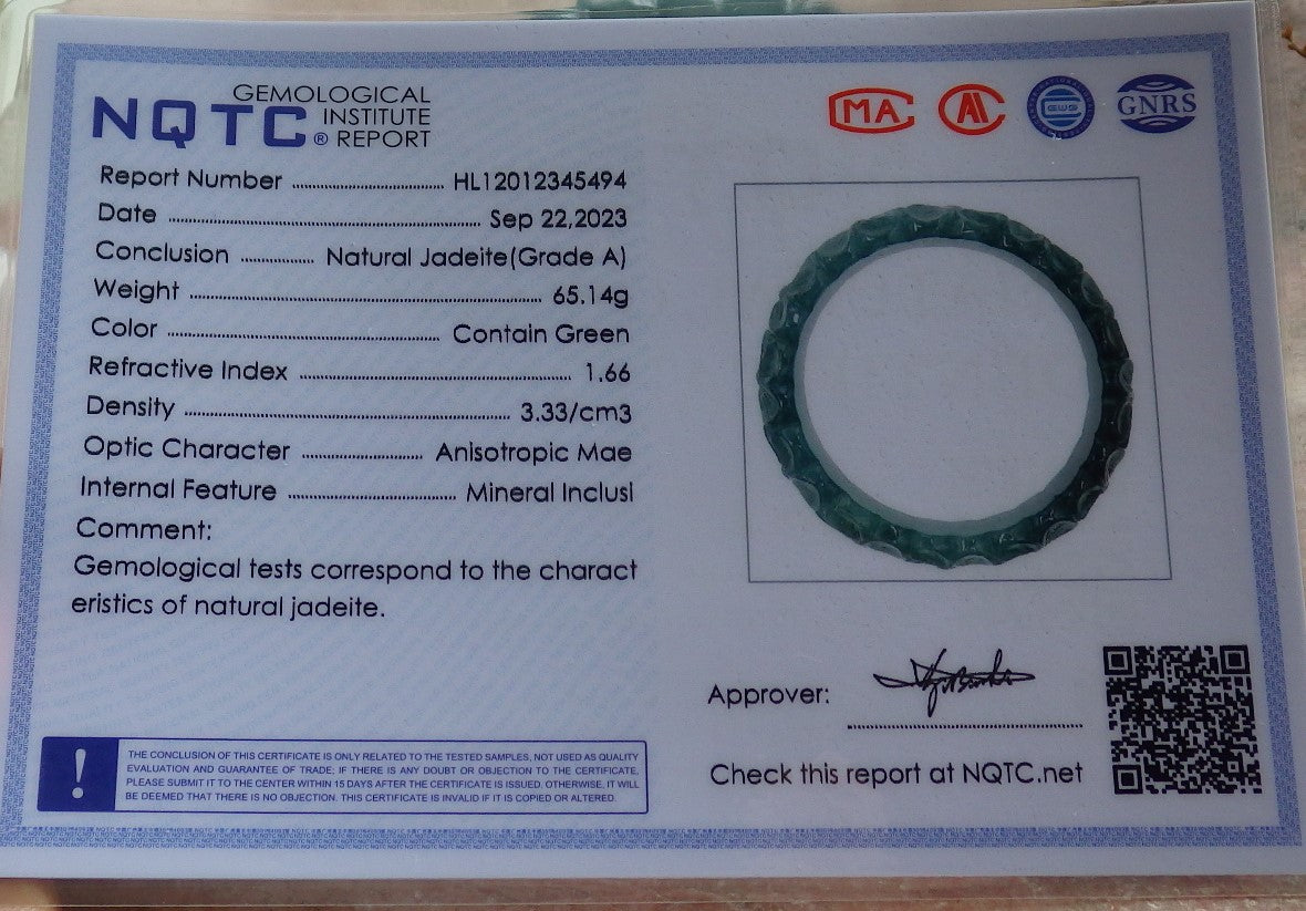 64mm Certified Hand Carved Blue Water Green Natural A JADE Circle Jadeite Rose Flower Bracelet Bangle