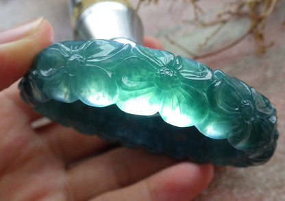 55mm Certified Hand Carved Green Natural Grade A JADE Jadeite Flower Bangle Bracelet