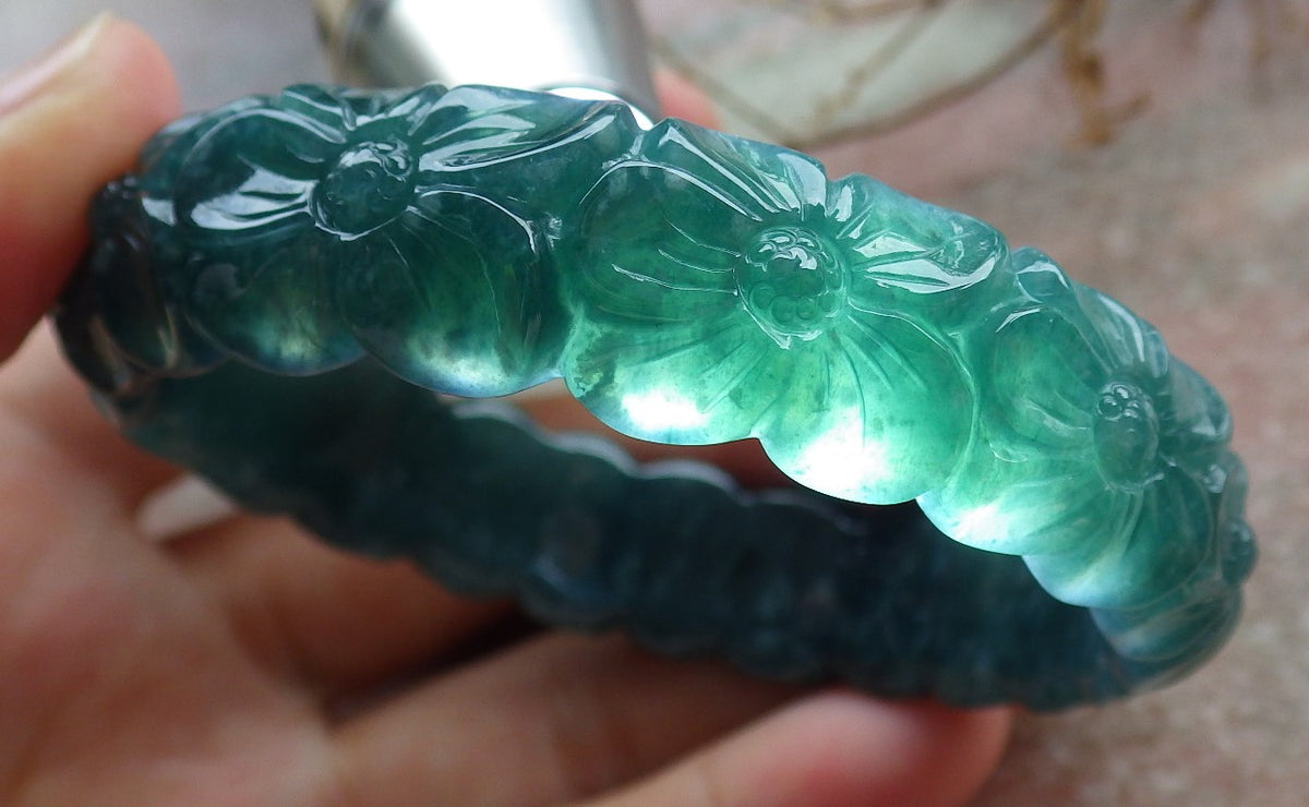55mm Certified Hand Carved Green Natural Grade A JADE Jadeite Flower Bangle Bracelet