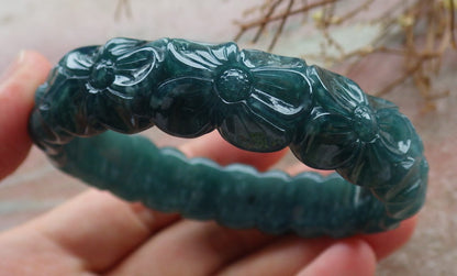 55mm Certified Hand Carved Green Natural Grade A JADE Jadeite Flower Bangle Bracelet
