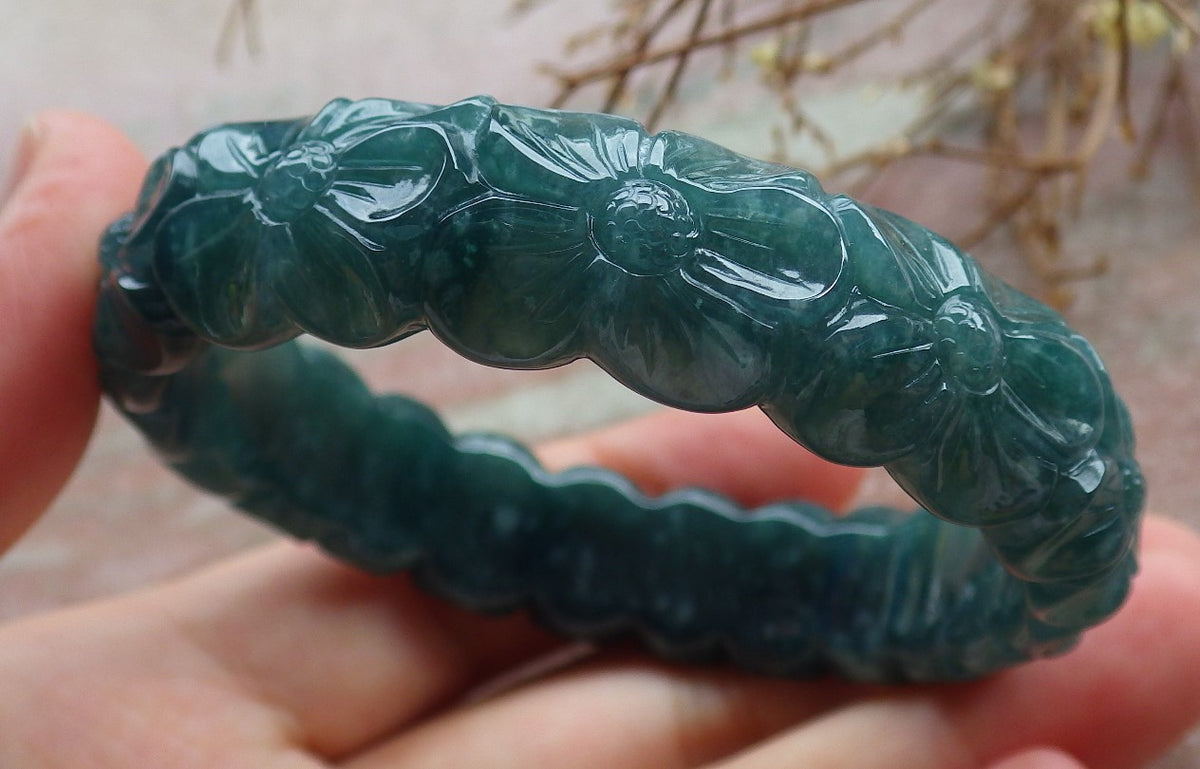 55mm Certified Hand Carved Green Natural Grade A JADE Jadeite Flower Bangle Bracelet