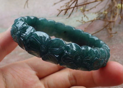 55mm Certified Hand Carved Green Natural Grade A JADE Jadeite Flower Bangle Bracelet