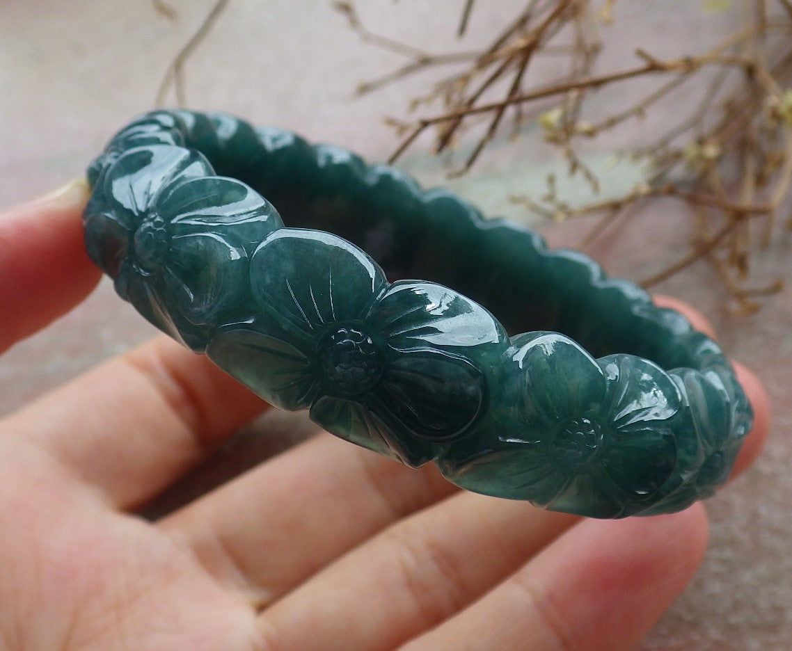55mm Certified Hand Carved Green Natural Grade A JADE Jadeite Flower Bangle Bracelet