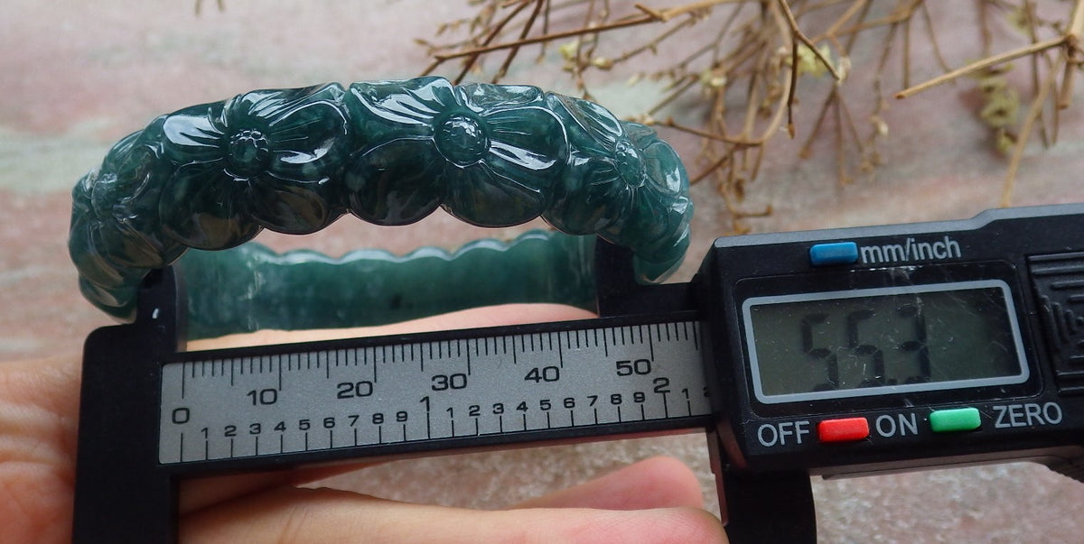 55mm Certified Hand Carved Green Natural Grade A JADE Jadeite Flower Bangle Bracelet
