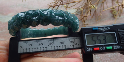 55mm Certified Hand Carved Green Natural Grade A JADE Jadeite Flower Bangle Bracelet