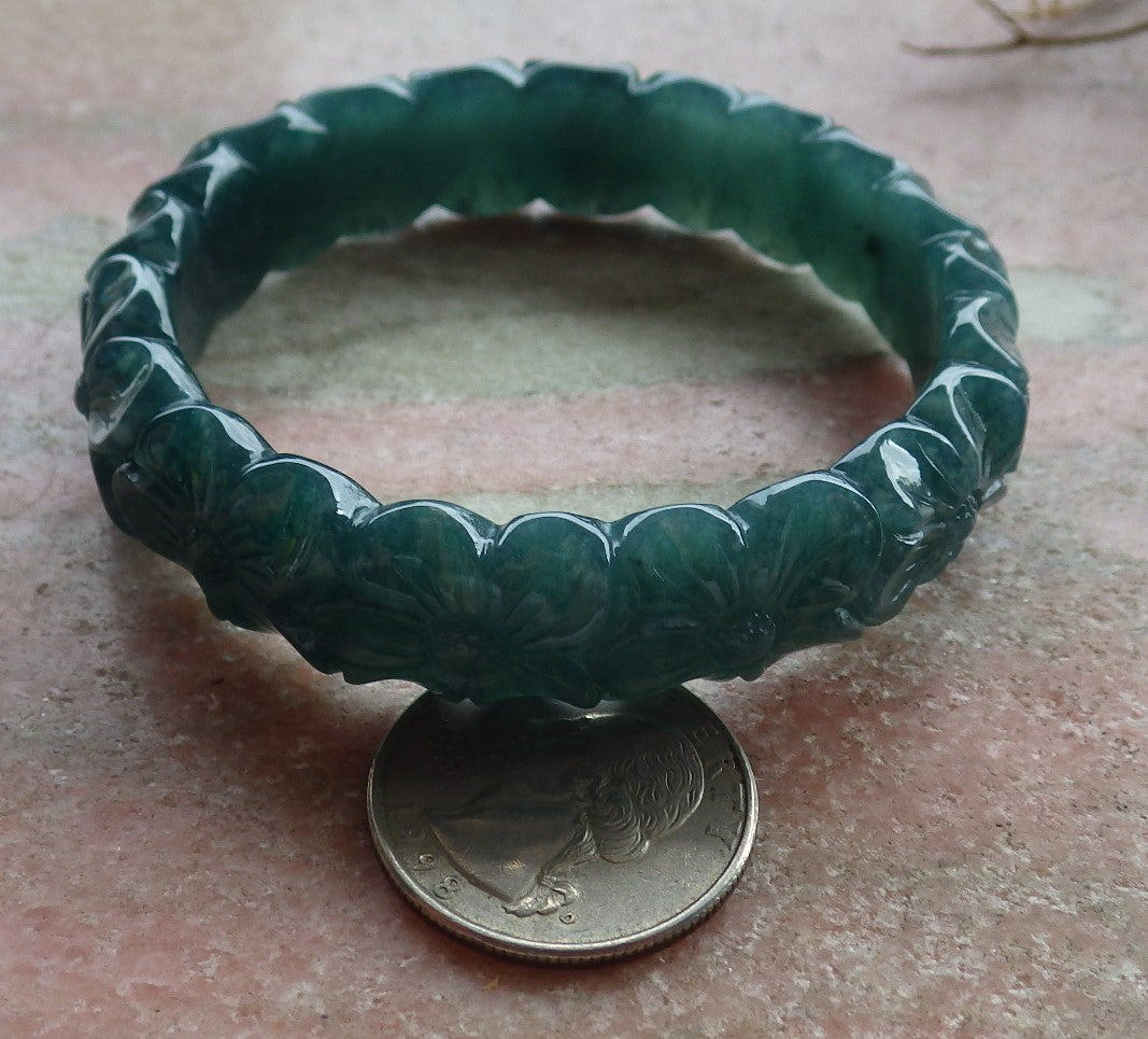 55mm Certified Hand Carved Green Natural Grade A JADE Jadeite Flower Bangle Bracelet