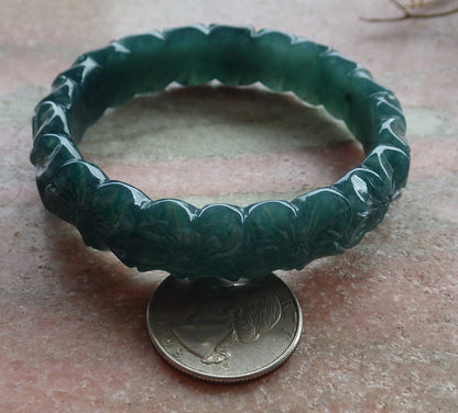55mm Certified Hand Carved Green Natural Grade A JADE Jadeite Flower Bangle Bracelet