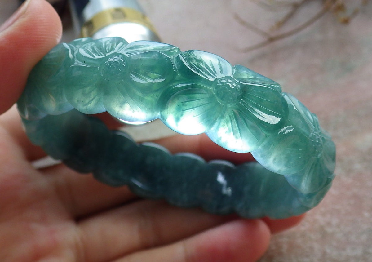 55mm Certified Hand Carved Green Natural Grade A JADE Jadeite Flower Bangle Bracelet